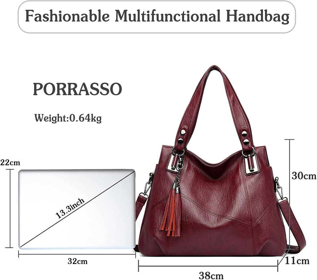 PORRASSO Damen Handtasche Mode Hobo Schultertasche Frauen Umhängetasche Grosse PU Leder Henkeltasche