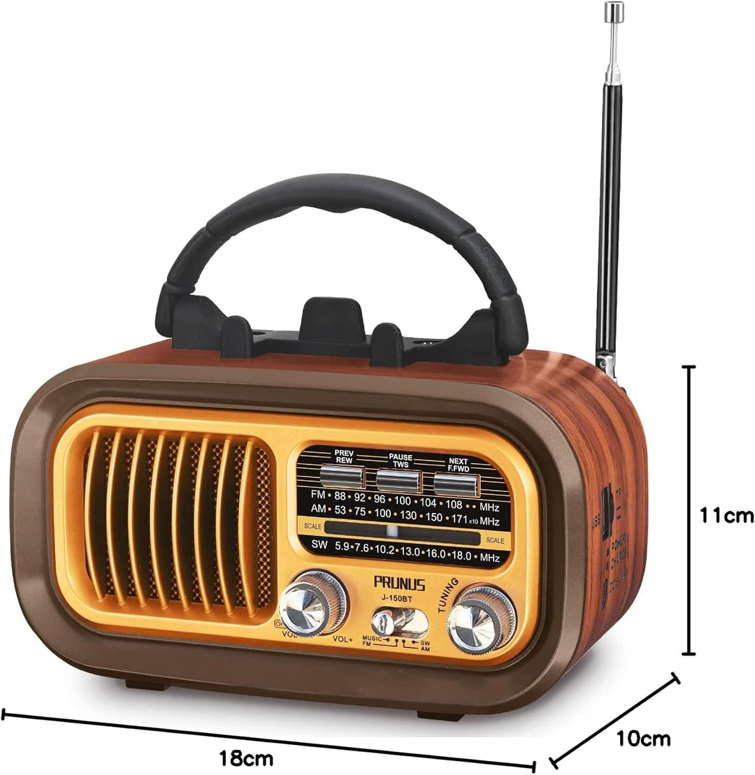 PRUNUS J-150 AM/FM/SW Retro Radio Klein, Kofferradio Betrieben mit 1200mAh Akku oder D-Zellen Batter