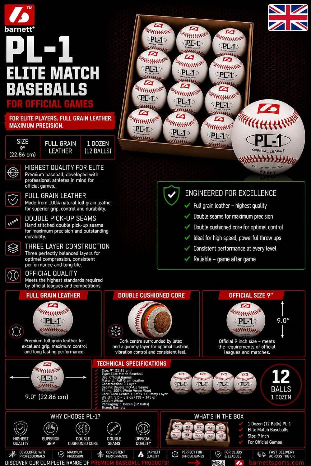 BARNETT PL-1 Baseball Ball Match Elite, 9&