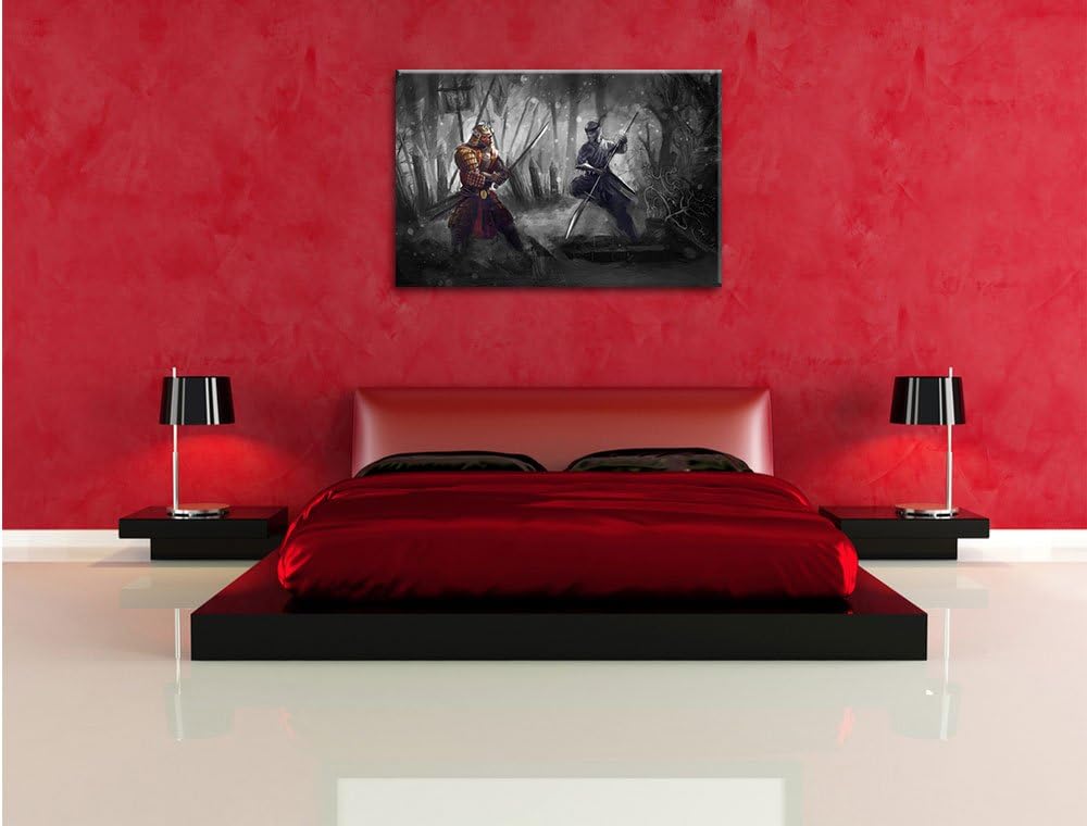 Pixxprint Kampf zwischen Samurai und Ninja B&W Detail, Format: 100x70 auf Leinwand, 100x70