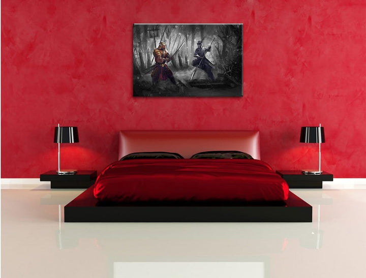 Pixxprint Kampf zwischen Samurai und Ninja B&W Detail, Format: 100x70 auf Leinwand, 100x70