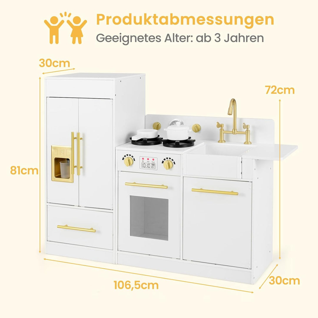 COSTWAY Kinderküche mit Kühlschrank, Spielküche Holz mit Herd & Spüle & Spülmaschine, Spielzeugküche