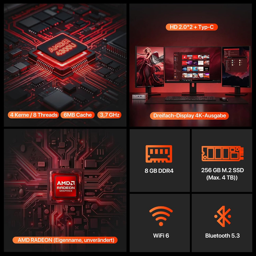 PELADN Mini PC, AMD Ryzen 4300U(bis zu 3.7GHz),8GB DDR4 RAM/256GB M.2 SSD, Mini Computers, WiFi6/BT5
