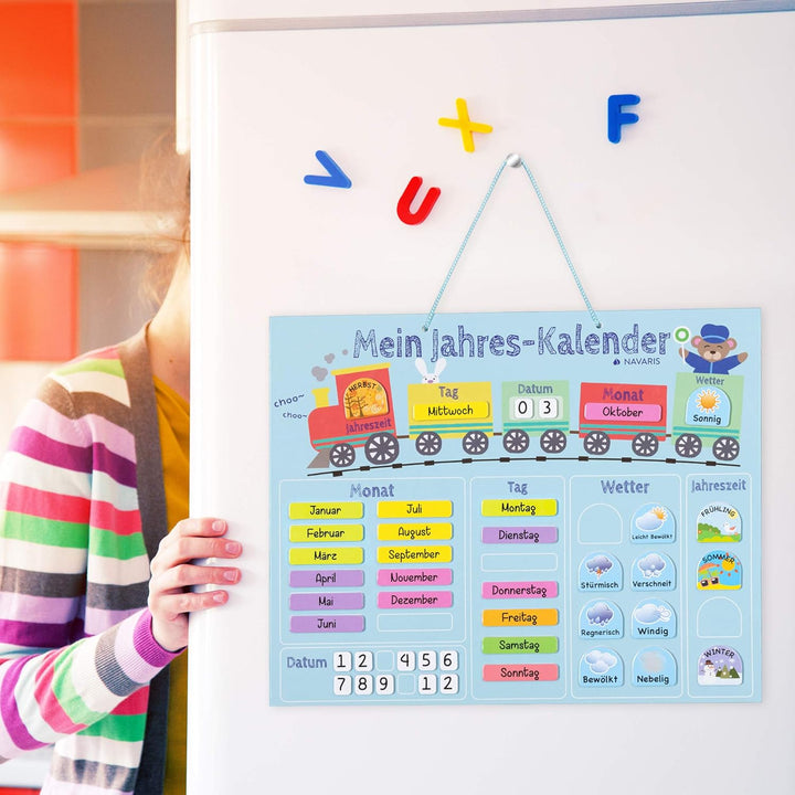Navaris Kalender Tafel für Kinder - Lerntafel Jahreszeiten Uhr - Magnet Spiel Lernuhr - Kinderkalend
