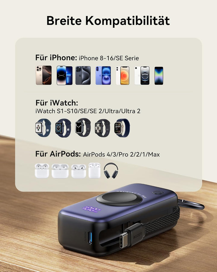 INIU Power Bank für Apple Watch, 5000mAh Powerbank mit eingebautem Kabel, Schlankes Reise Schlüssela