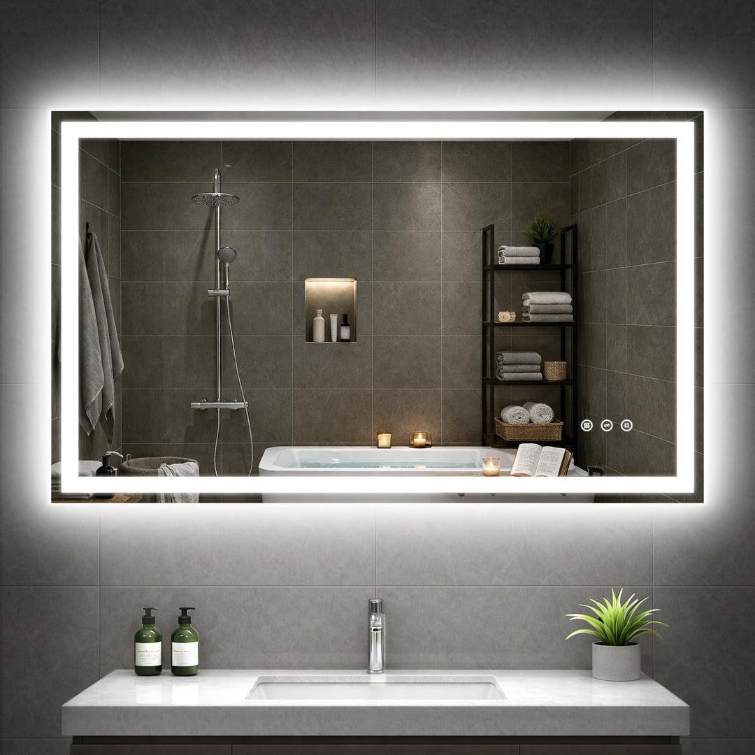 Grosser Badspiegel mit Beleuchtung und Antibeschlag, 100x60cm LED Spiegel mit Licht, 3 Farben Dimmba