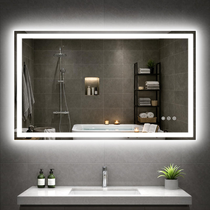 Grosser Badspiegel mit Beleuchtung und Antibeschlag, 100x60cm LED Spiegel mit Licht, 3 Farben Dimmba
