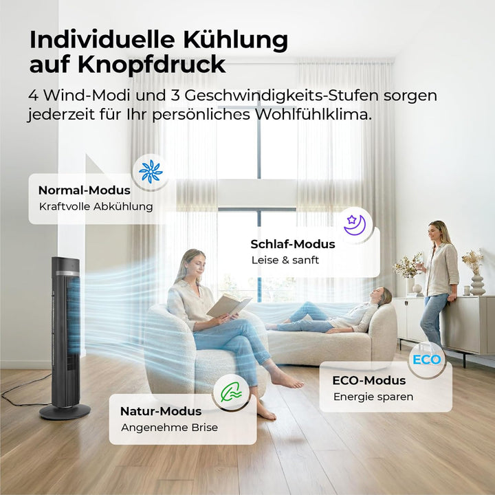 aeco AirX Zen 101 cm Höhe Turmventilator mit Fernbedienung, 85-90° Oszillation & 15H Timer, 3 Geschw