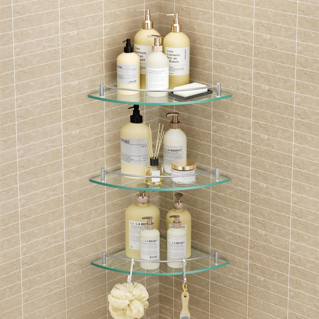KES Eckregal Glas Duschregal mit Edelstahl SUS304 Haken, Badezimmer Glasregal Ecke Dusche Ablage Geb