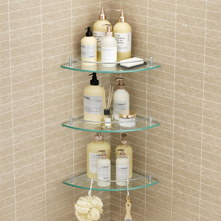 KES Eckregal Glas Duschregal mit Edelstahl SUS304 Haken, Badezimmer Glasregal Ecke Dusche Ablage Geb