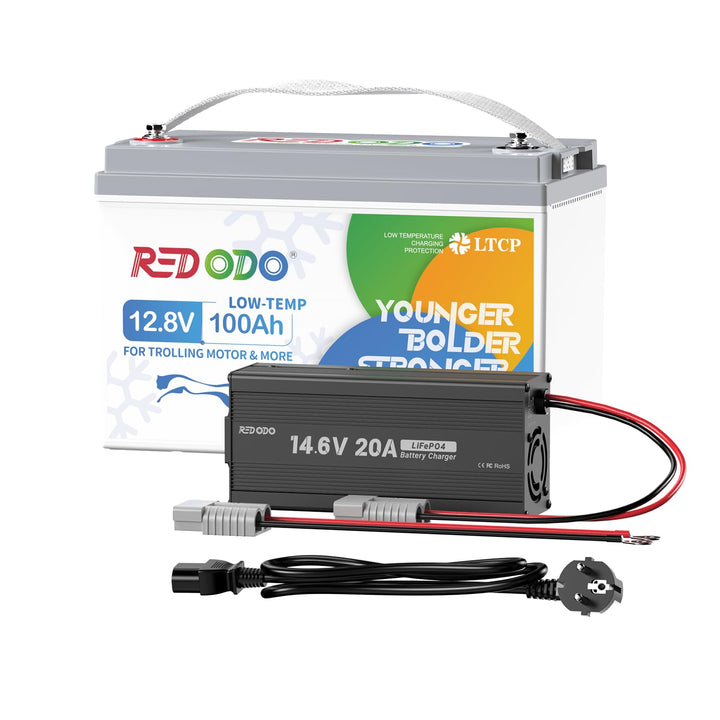Redodo 12V 100Ah LiFePO4 Batterie mit 20A Ladegerät, Niedertemperaturschutz, Trolling-Motor Batterie