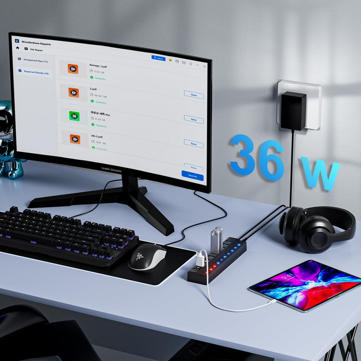 Ziumier USB Hub 3.0 Aktiv mit Netzteil, 10 Ports 36W USB Verteiler(3 Schnellladeanschlüsse + 7 USB H