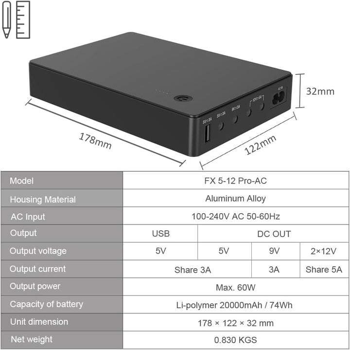 Mini UPS Unterbrechungsfreie Stromversorgung für Router, Modem, Kamera mit Eingang AC Ausgang USB 5V