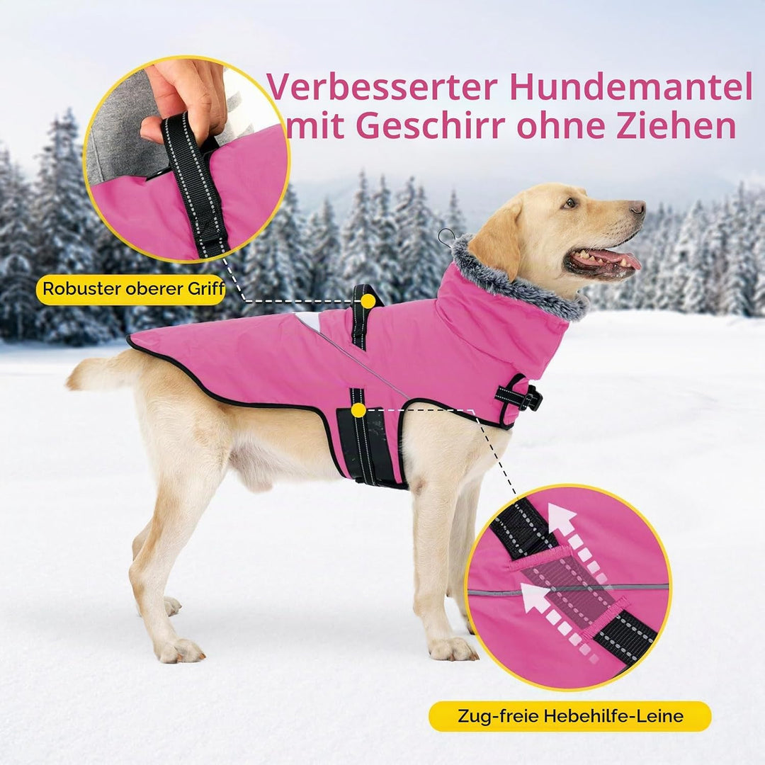 LIANZIMAU Wasserdichter Hundemantel mit Geschirr Wintermantel Hundepullover Fleece Reflektierende Hu