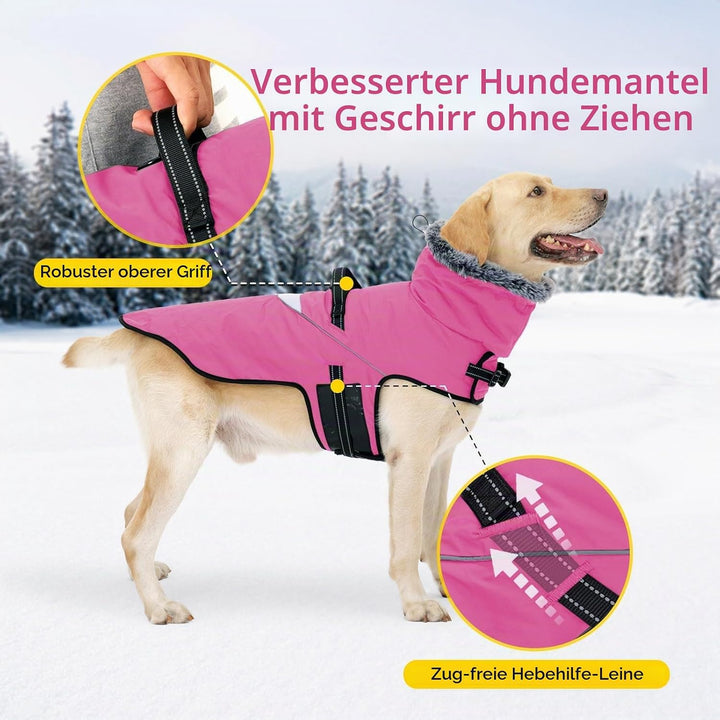 LIANZIMAU Wasserdichter Hundemantel mit Geschirr Wintermantel Hundepullover Fleece Reflektierende Hu