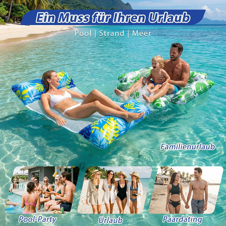 2er Set Pool Luftmatratze & Wasserhängematte, 4-in-1 Aufblasbares Schwimmbett (127x70cm & 120x115cm)