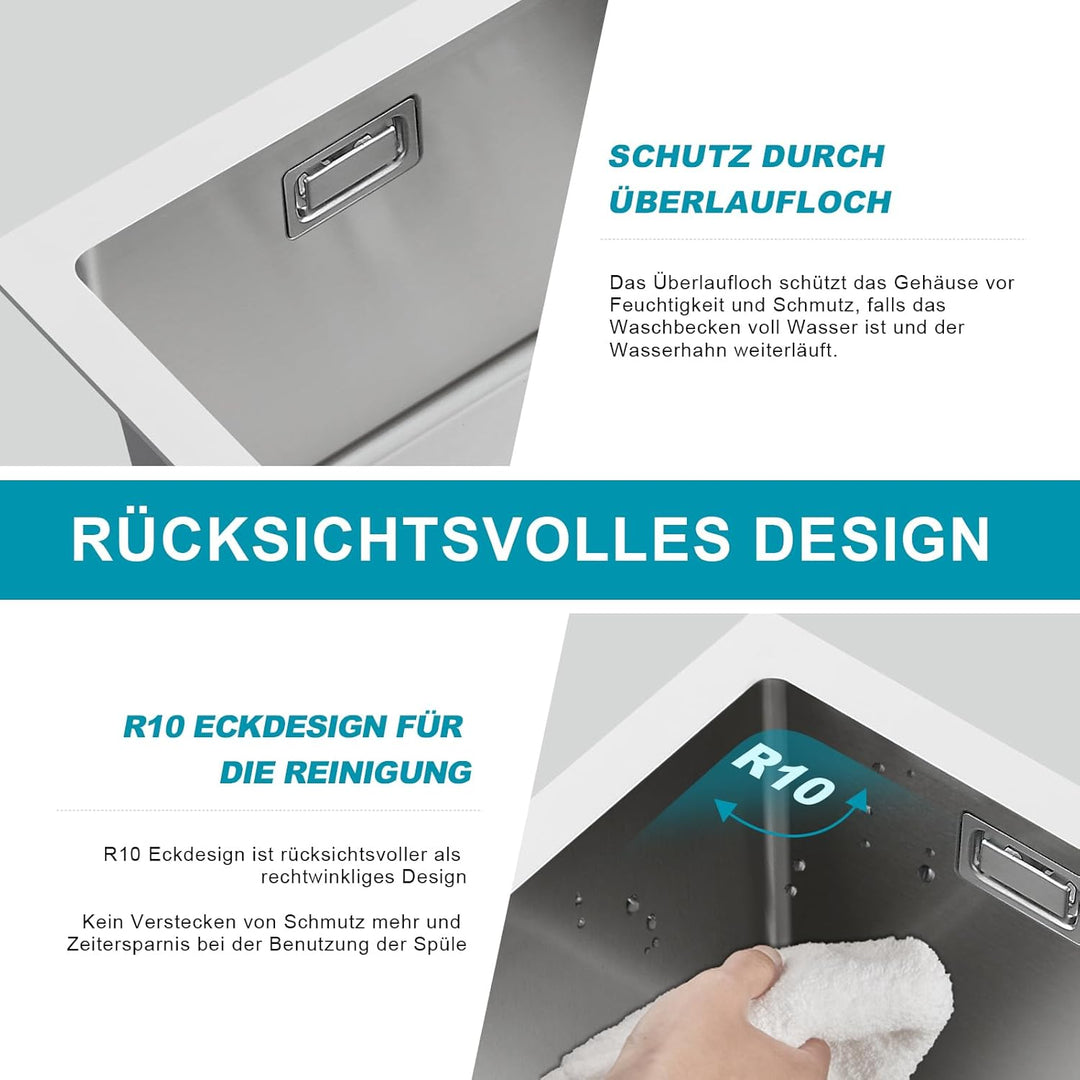 Spülbecken 60 x 50 cm, KEOKBON Nanosilber Spüle Küche Edelstahl 1 Becken, edelstahlspüle mit Hahnloc