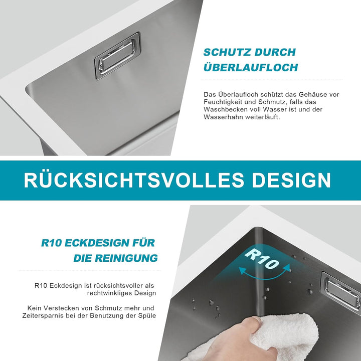 Spülbecken 60 x 50 cm, KEOKBON Nanosilber Spüle Küche Edelstahl 1 Becken, edelstahlspüle mit Hahnloc