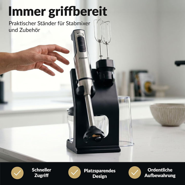 LEHMANN Stabmixer Set mit Ständer - 2000 Watt - Multifunktions Pürierstab 6-in-1-12 Geschwindigkeits