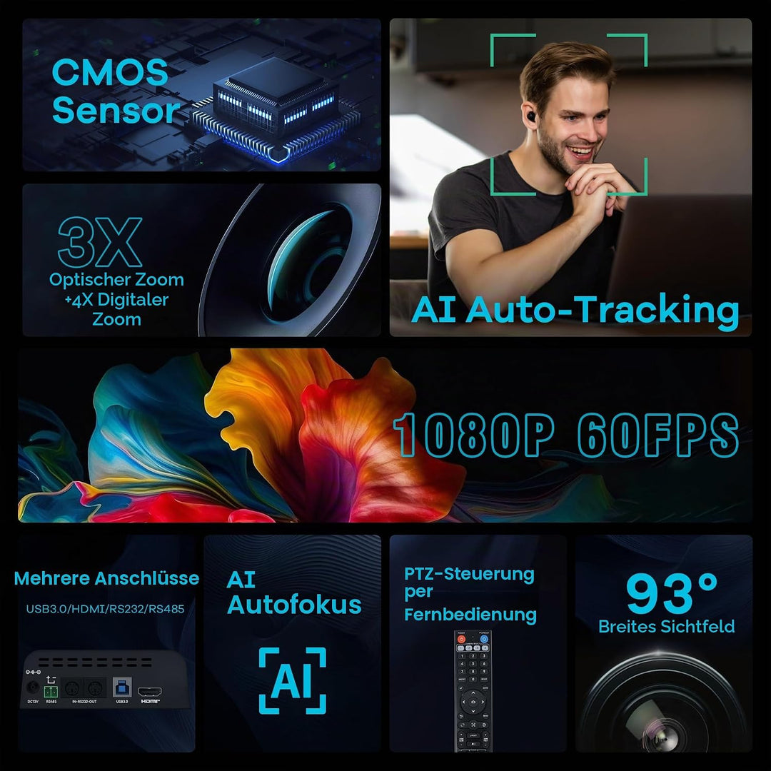 TONGVEO PTZ Kamera mit KI-Auto-Tracking, 3X optischem Zoom, Konferenzraum-Kamera, HDMI/USB 3.0, 60 f