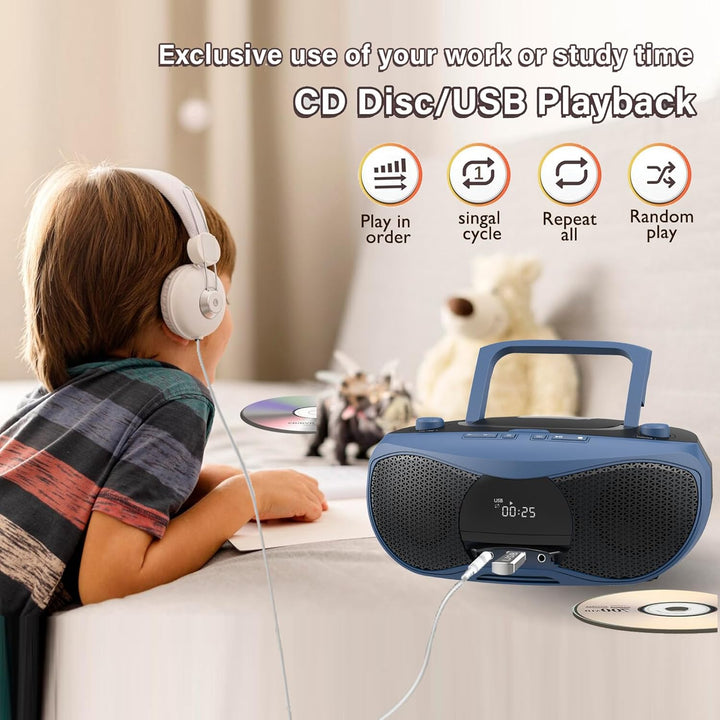 LONPOO Tragbarer CD-Player | Stereo Bluetooth Boombox | FM Radio-Drehknopf | Auto-Deckel-Öffnen-Knop