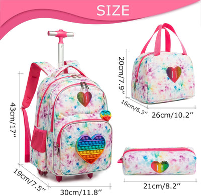 HTgroce Schulranzen mit Rollen für Mädchen Pop it Rucksack 16 Zoll Set 3 in 1 mit Lunch Bag Kinderga