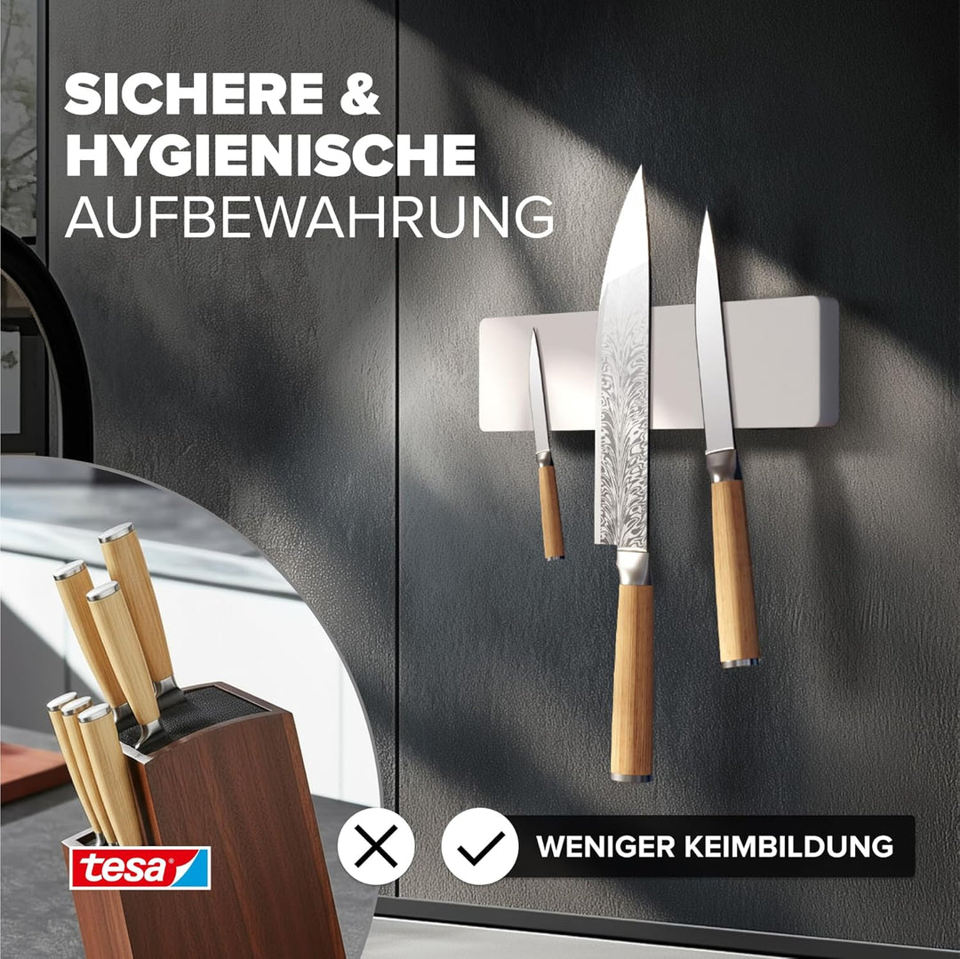 tesa Küchenzubehör Messer-Magnetleiste - selbstklebender Magnet-Messerhalter für die platzsparende A
