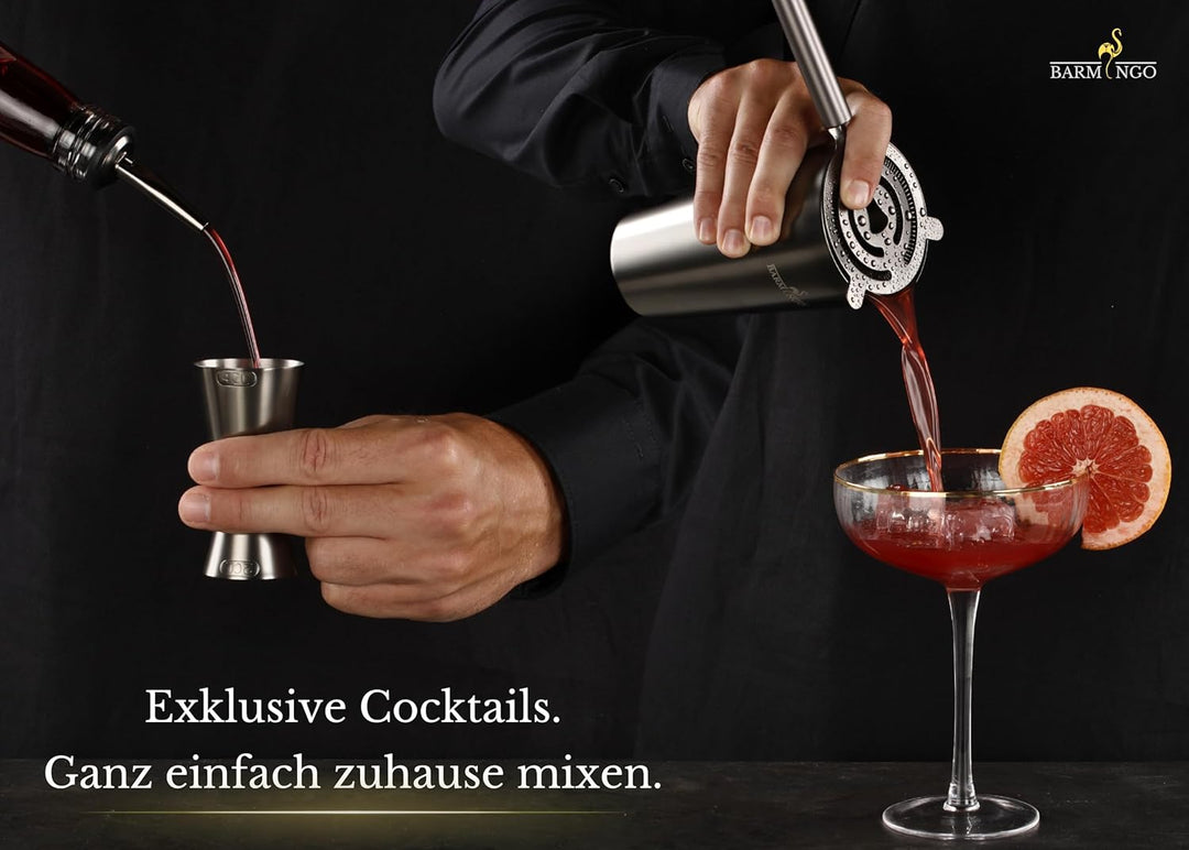 BARMINGO® Edelstahl Cocktail Set 11tlg. – 700 ml Cocktail Shaker Set mit Ständer und Bar Zubehör, Co