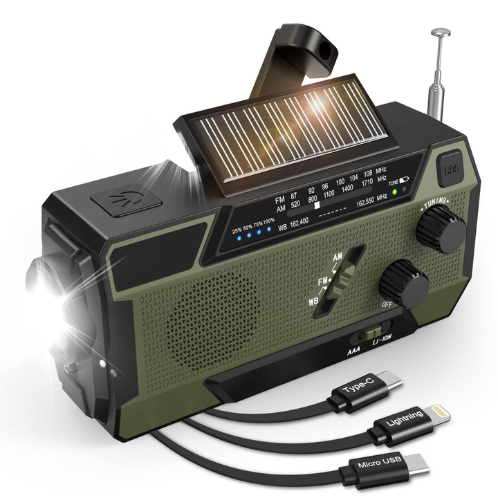 Kurbelradio Notfall Weltempfänger 4000 mAh (14800 mWh) mit 3 integrierten Kabeln Notfallradio mit ku