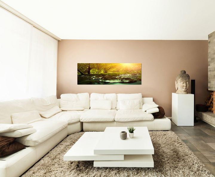 Paul Sinus Art Panoramabild auf Leinwand und Keilrahmen 120x40cm Wald Fluss Steine Sonnenuntergang