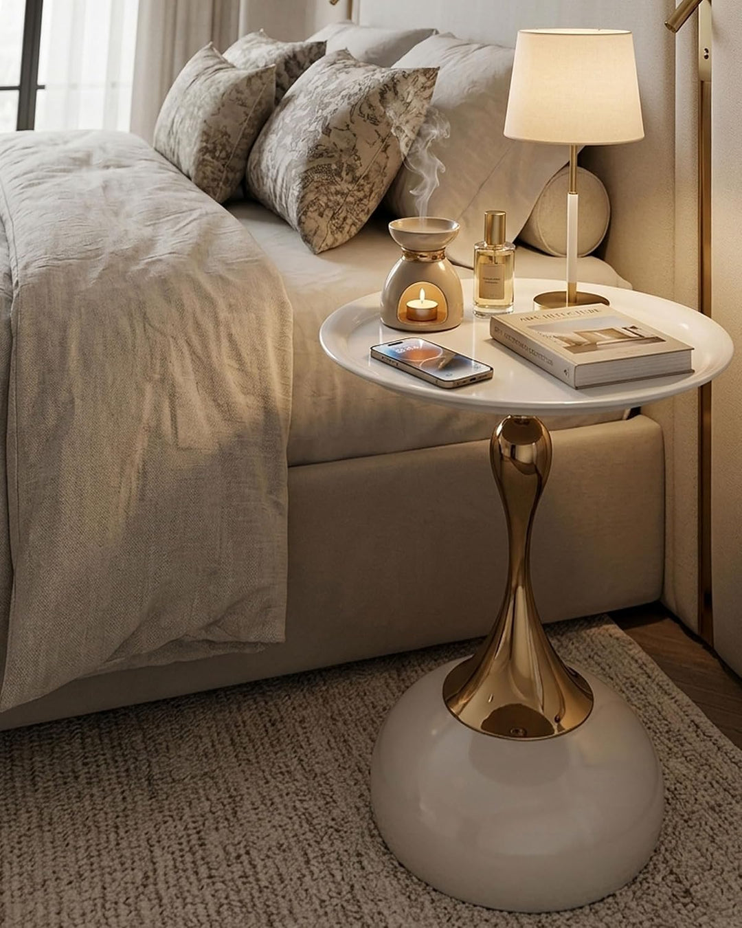 Couchtisch Beige Gold, Kleiner Couchtisch Rund Modern, Metall Beistelltisch Rund Gold, Luxus Nachtti