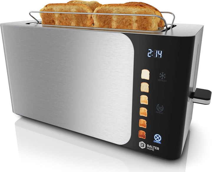 Balter Toaster 4 Scheiben, Touch Bedienung, Langschlitz, Edelstahl, Brötchenaufsatz, LCD Display Lan