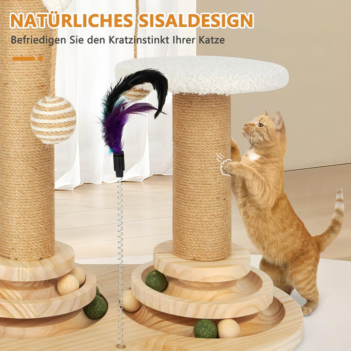 6 in 1 Interaktives Katzenspielzeug, Holz Katzenmöbel mit Hängenden Kugeln, Federn, Drehbar Smart Tr