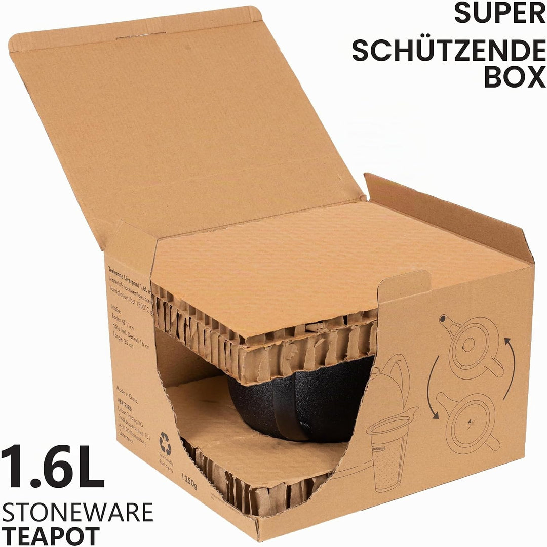 Teekanne mit Stövchen Keramik 1,6 L (Schwarz) Teekanne mit Edelstahl Sieb aus Keramik, Teekanne Live