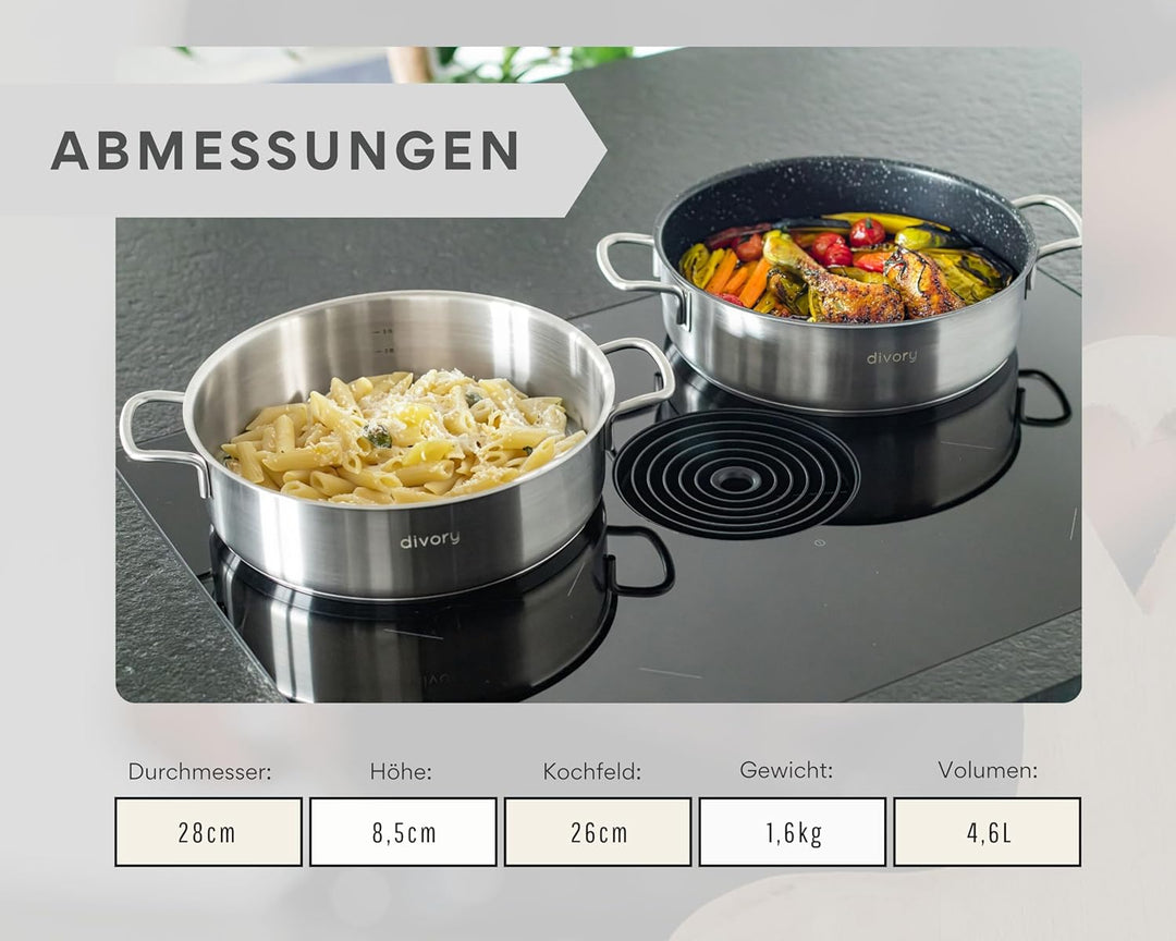 Schmorpfanne 28cm – Hohe Edelstahl Servierpfanne unbeschichtet & ohne PTFE/PFOA, Schmortopf mit Deck
