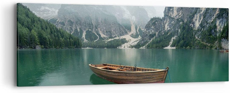 Panorama Bilder auf Leinwand Berge See Boot Leinwandbild mit Rahmen 90x30cm Wandbilder Dekoration Wo