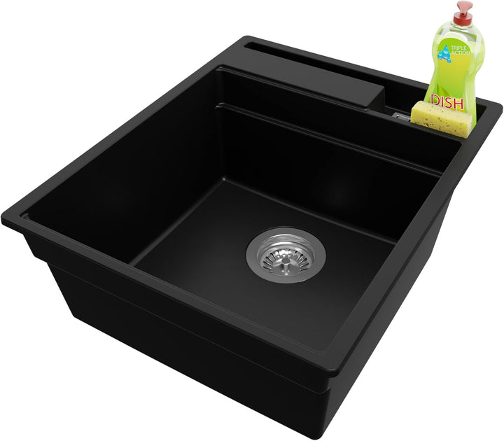PRIMAGRAN Spülbecken Schwarz 43x53cm, Granitspüle 1 Becken + Ablauf-Set, Küchenspüle ab 45er Untersc