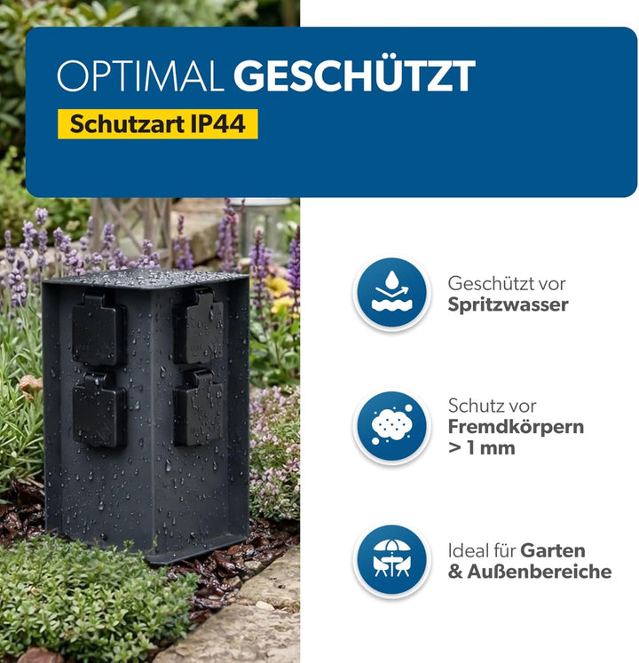 UNITEC Steckdosenverteiler für den Garten, Steckdosensäule, Aussensteckdose Edelstahl, IP 44, 4 Stec