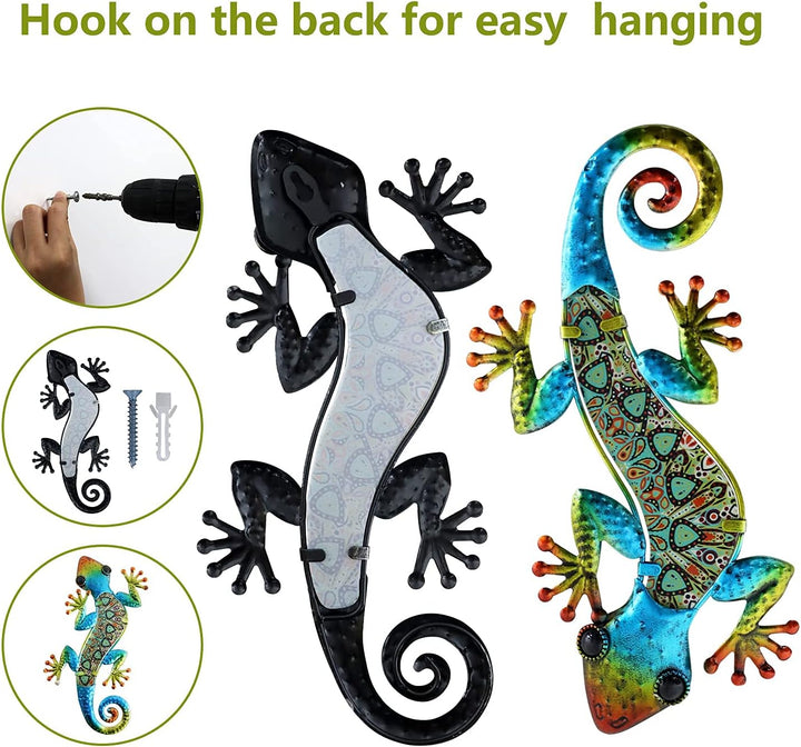 HONGLAND Metall-Gecko-Wanddekoration, Wandbild Metall,Eidechse, Wanddeko Outdoor,Gartenkunst, farbig