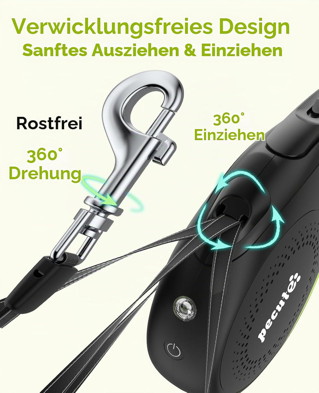 Pecute Hundeleine 8m, Rollleine für Hunde mit LED-Licht, 360° Verknotungsfreier verlängerter Leine,
