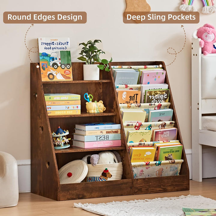 Kinder Bücherregal mit 5 Bücherdisplays und 4 Ablagefächer, Gross Braun Kinderregal Büchergestell fü