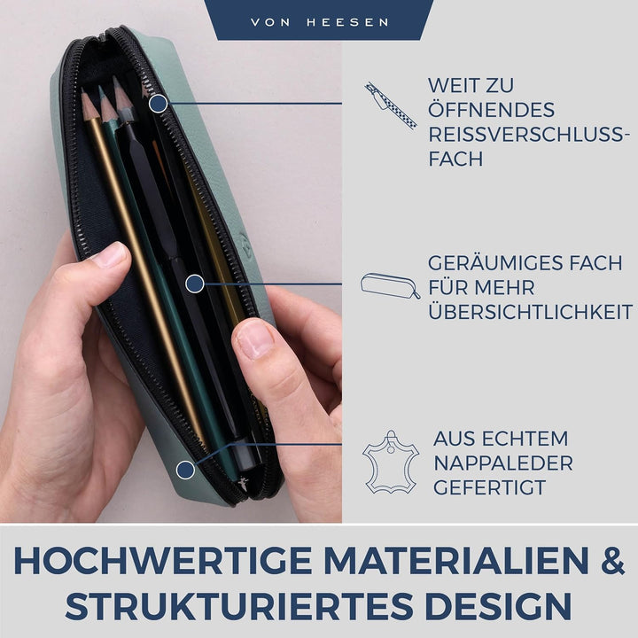 VON HEESEN® Echtleder Federmäppchen Leder Federmappe Etui für Stifte Mäppchen Schule Federtasche Uni