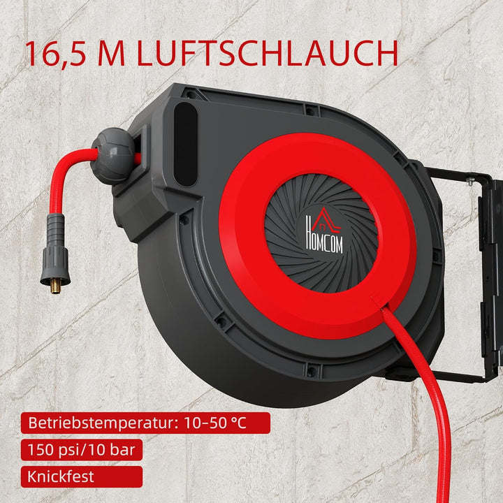 HOMCOM Automatik Druckluftschlauchtrommel 15m+1,5m Druckluftschlauch mit 1/4' Schnellanschluss, 9,5
