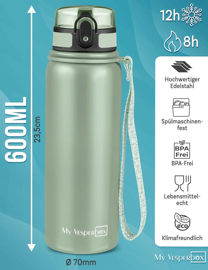 MY VESPERBOX® Edelstahl Thermosflasche Kinder [INK. STROHHALM & SIEB] - Isolierflasche für Jungen &