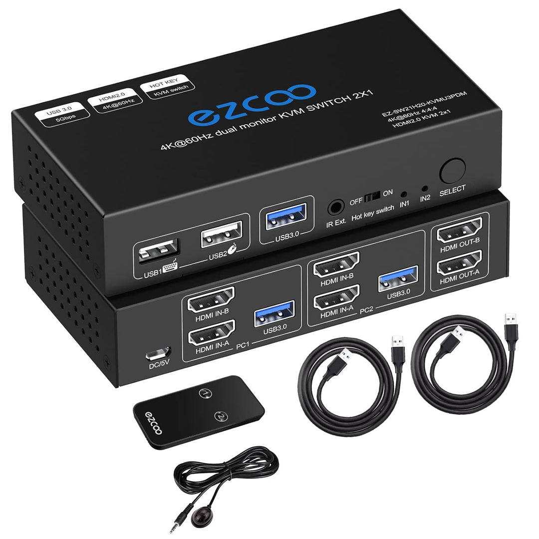 HDMI KVM Switch Dual Monitor 4K 60Hz USB 3.0 2 Ports with Hotkey 18Gbps HDCP2.3 2x HDMI Extended Dis