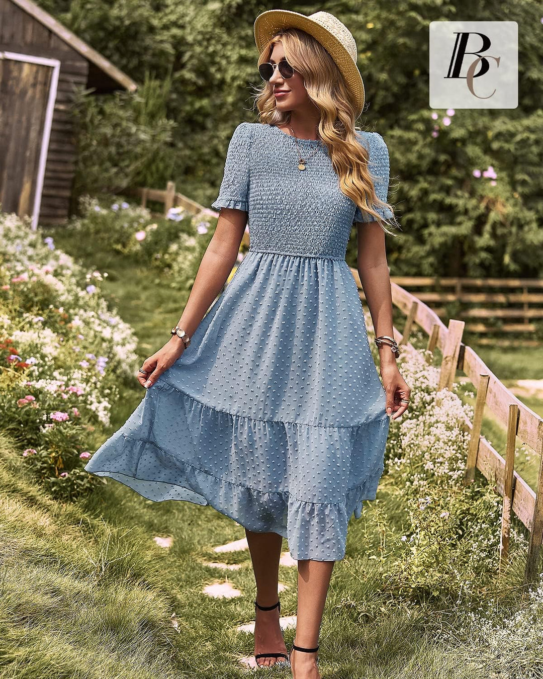 BebreezChic Damen Sommerkleid Rundhals Kurzarm Puffärmel Gerüschter Gerafftes Freizeitkleid mit Hohe