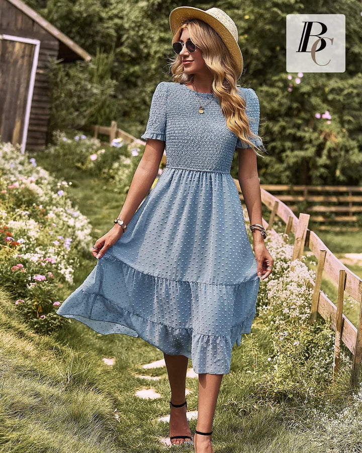 BebreezChic Damen Sommerkleid Rundhals Kurzarm Puffärmel Gerüschter Gerafftes Freizeitkleid mit Hohe