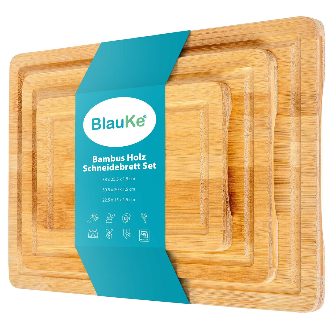 BlauKe® Bambus Schneidebrett Set – Holz Schneidebretter 3er Set – Brotbrett Frühstücksbrettchen und