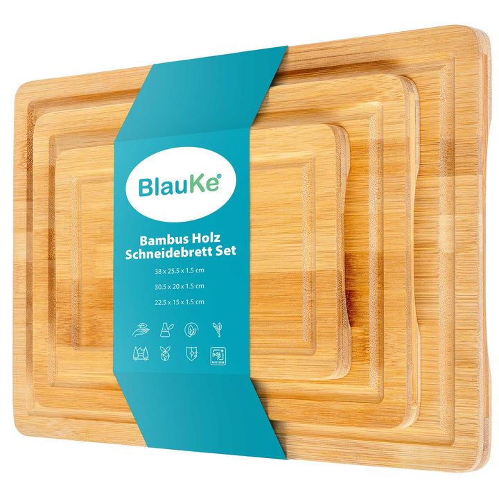 BlauKe® Bambus Schneidebrett Set – Holz Schneidebretter 3er Set – Brotbrett Frühstücksbrettchen und