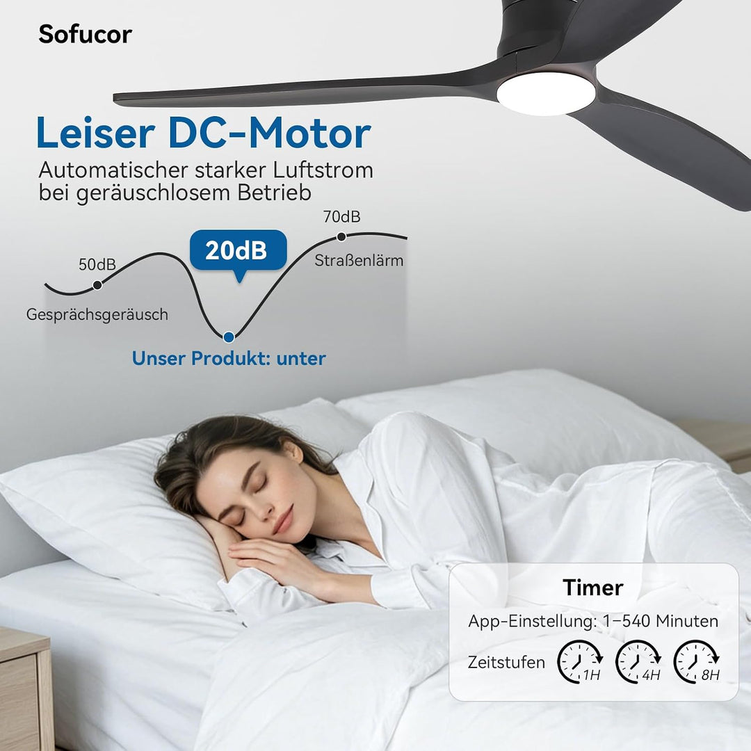 Sofucor Smart Deckenventilator mit Beleuchtung,132cm Massivholz Deckenventilator mit Licht, Alexa/AP